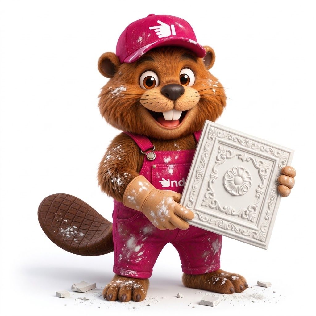 Mascote da Indyka como gesseiro, coberto de gesso e segurando uma moldura