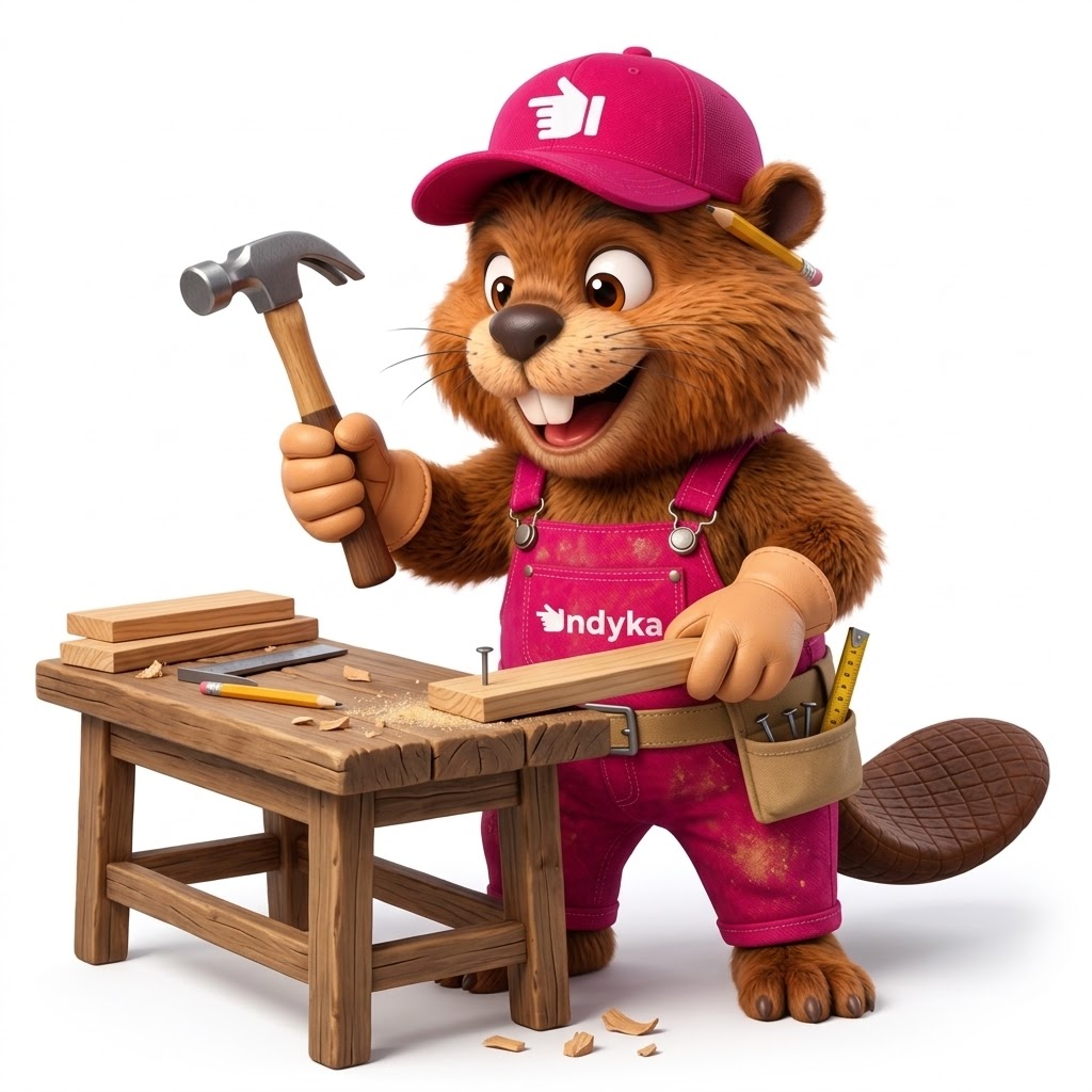 Mascote da Indyka como marceneiro, com martelo e bancada