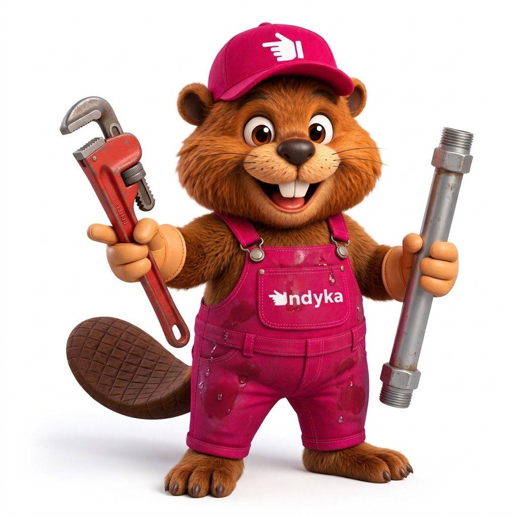 Mascote da Indyka como encanador, com chave de cano e tubo