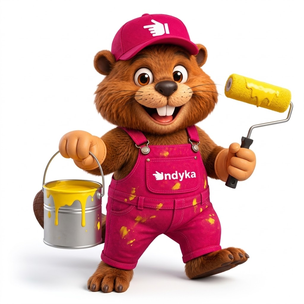 Mascote da Indyka como pintor, com balde e rolo de tinta