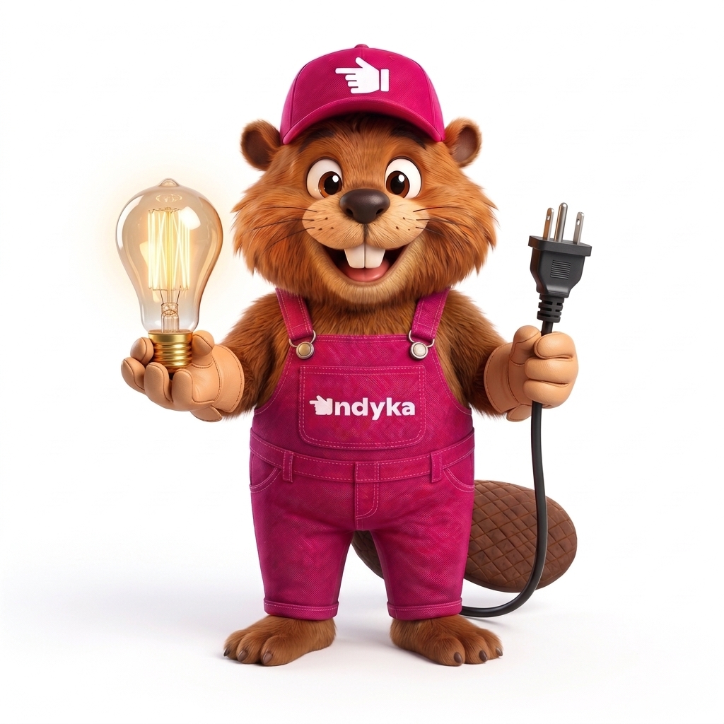 Mascote da Indyka segurando uma lâmpada e um plugue elétrico